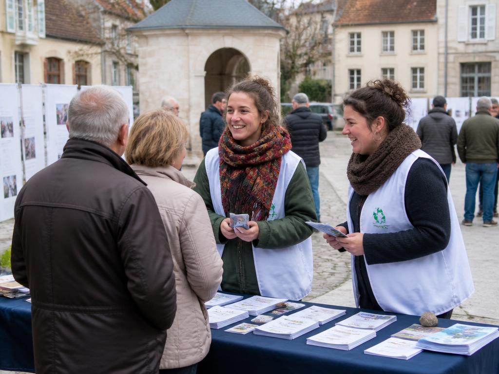 Bénévoles échangeant avec des habitants sur un stand d'information