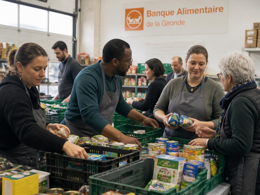 Bénévoles triant des denrées alimentaires dans un local associatif