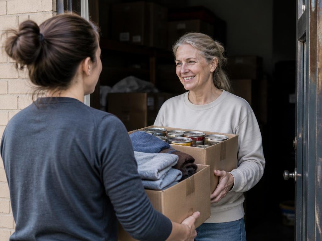 Bénévole recevant un carton de dons au local de l'association